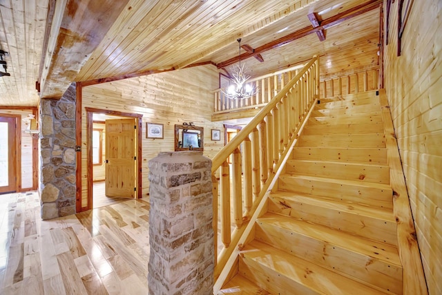 1590 Jackson Point Rd, Sewanee, TN 37375 - staircase with wooden ceiling, vaulted ceiling, wood walls, and wood finished floors