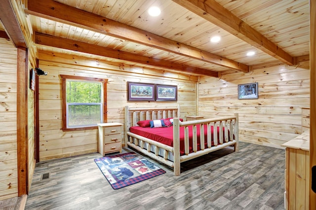 1590 Jackson Point Rd, Sewanee, TN 37375 - bedroom featuring a wood ceiling with exposed beams, wood finished floors, wooden walls, and recessed lighting