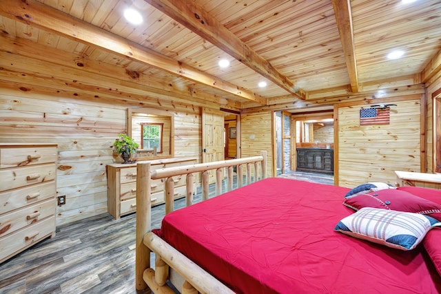1590 Jackson Point Rd, Sewanee, TN 37375 - bedroom featuring wood walls, a wooden ceiling with exposed beams, wood finished floors, and recessed lighting