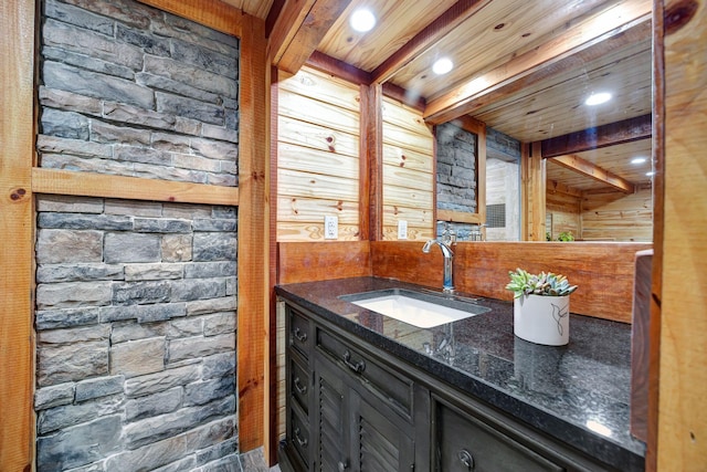 1590 Jackson Point Rd, Sewanee, TN 37375 - bathroom with vanity, wood walls, wood ceiling, and recessed lighting