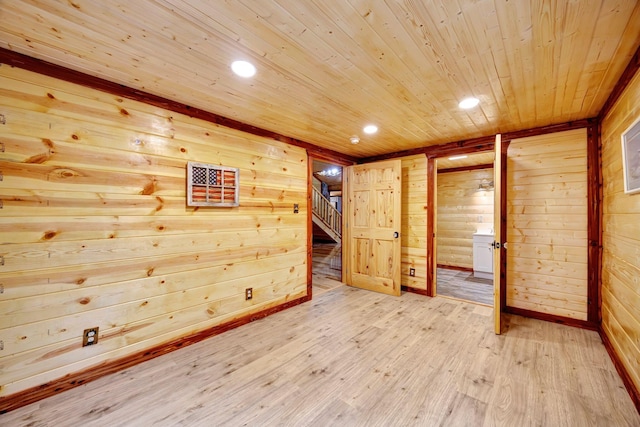 1590 Jackson Point Rd, Sewanee, TN 37375 - unfurnished room with wood ceiling, light wood-style flooring, wooden walls, stairs, and recessed lighting