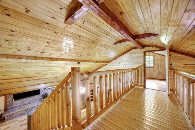 1590 Jackson Point Rd, Sewanee, TN 37375 - hall featuring wood ceiling, an upstairs landing, light wood-style flooring, wooden walls, and lofted ceiling