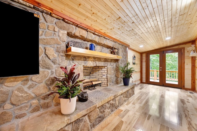 1590 Jackson Point Rd, Sewanee, TN 37375 - living area with hardwood / wood-style floors, vaulted ceiling, wood ceiling, and french doors