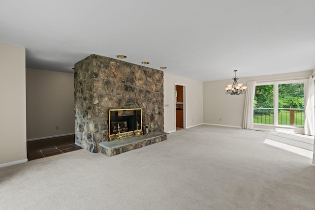 4838 Glenmar Cir, Chattanooga, TN 37416 - unfurnished living room with carpet flooring, a chandelier, and a fireplace