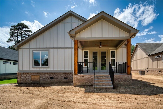 824 Lower Mill Rd, Hixson, TN 37343 - view of front facade with french doors, board and batten siding, ceiling fan, and crawl space