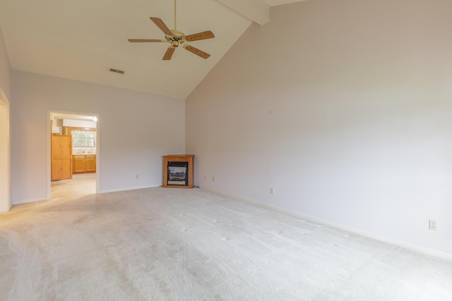 6580 Hickory Meadow Dr, Chattanooga, TN 37421 - unfurnished living room with high vaulted ceiling, ceiling fan, light carpet, a fireplace, and beamed ceiling