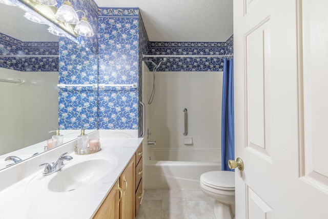 6580 Hickory Meadow Dr, Chattanooga, TN 37421 - bathroom featuring vanity, a textured ceiling, shower / tub combo, tile patterned flooring, and wallpapered walls