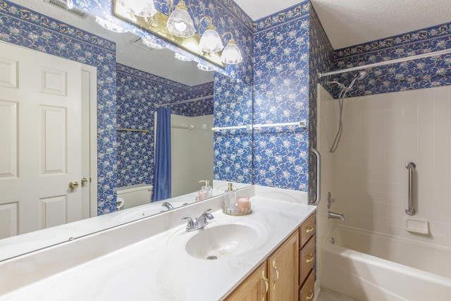 6580 Hickory Meadow Dr, Chattanooga, TN 37421 - bathroom with wallpapered walls, shower / bath combination with curtain, and vanity