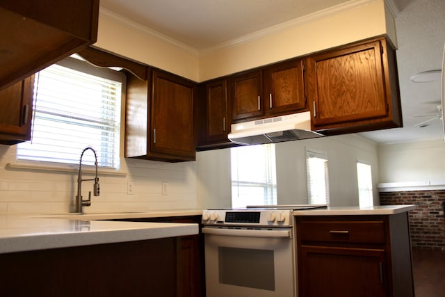 8257 Tiber Rd, Chattanooga, TN 37421 - kitchen with white electric stove, under cabinet range hood, light countertops, crown molding, and plenty of natural light