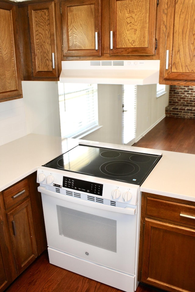 8257 Tiber Rd, Chattanooga, TN 37421 - kitchen featuring white range with electric cooktop, under cabinet range hood, light countertops, and dark wood-style flooring