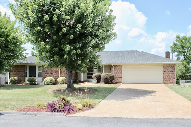 8257 Tiber Rd, Chattanooga, TN 37421 - ranch-style house with driveway, a garage, brick siding, a chimney, and a shingled roof