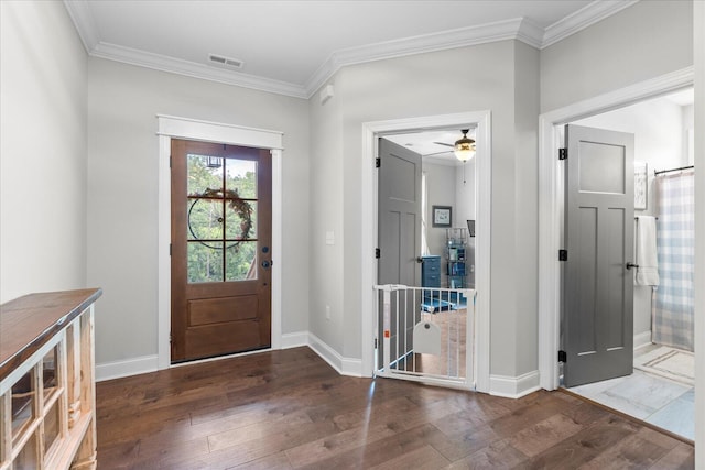 853 Dedmon Rd, Ringgold, GA 30736 - foyer with wood finished floors, ornamental molding, and ceiling fan
