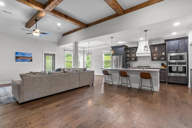 853 Dedmon Rd, Ringgold, GA 30736 - living area with dark wood-type flooring, a ceiling fan, beam ceiling, and recessed lighting