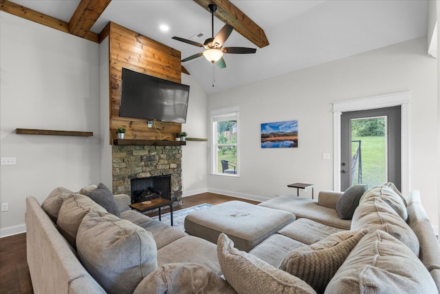 853 Dedmon Rd, Ringgold, GA 30736 - living area featuring ceiling fan, plenty of natural light, dark wood-style floors, a stone fireplace, and recessed lighting