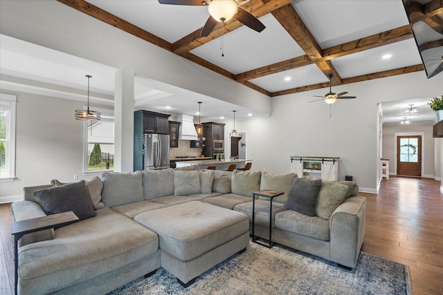 853 Dedmon Rd, Ringgold, GA 30736 - living room featuring ceiling fan, healthy amount of natural light, hardwood / wood-style floors, beam ceiling, and coffered ceiling