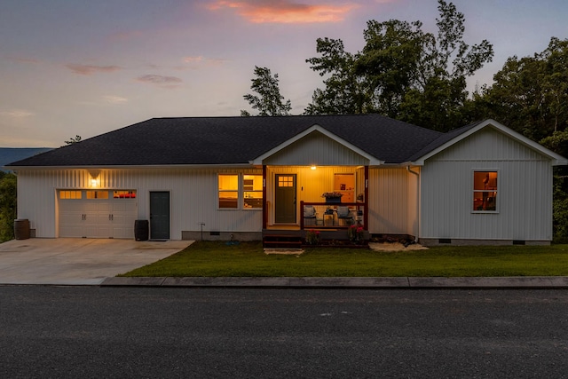 111 Oak Meadow Dr, Dunlap, TN 37327 - view of front of house featuring crawl space, a garage, a front yard, driveway, and roof with shingles