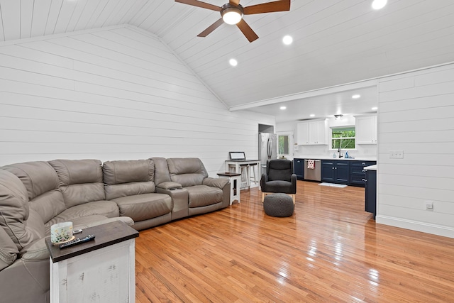 111 Oak Meadow Dr, Dunlap, TN 37327 - living area featuring a ceiling fan, recessed lighting, light wood-type flooring, high vaulted ceiling, and wooden walls