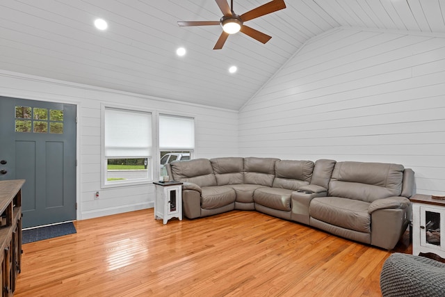 111 Oak Meadow Dr, Dunlap, TN 37327 - living area featuring vaulted ceiling, ceiling fan, light wood finished floors, wood ceiling, and recessed lighting