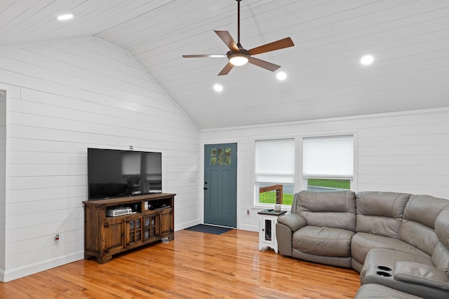 111 Oak Meadow Dr, Dunlap, TN 37327 - living area with light wood-style floors, a ceiling fan, lofted ceiling, recessed lighting, and wood walls