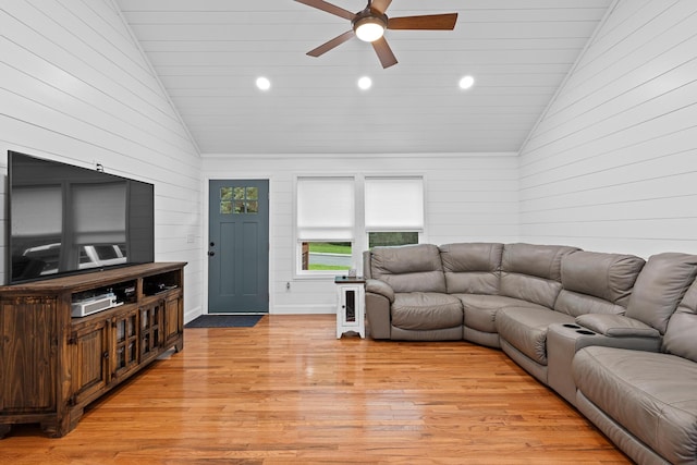 111 Oak Meadow Dr, Dunlap, TN 37327 - living area featuring lofted ceiling, ceiling fan, light wood-type flooring, recessed lighting, and wood walls
