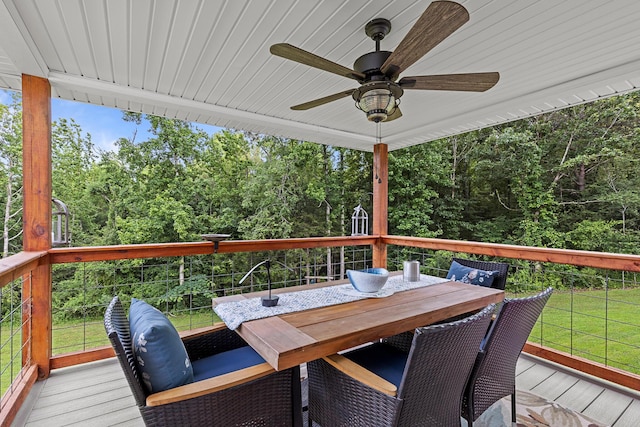 111 Oak Meadow Dr, Dunlap, TN 37327 - wooden terrace with a ceiling fan, a yard, and outdoor dining area