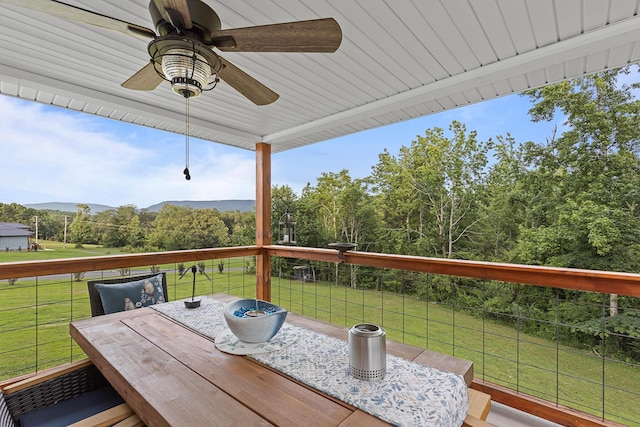 111 Oak Meadow Dr, Dunlap, TN 37327 - deck with ceiling fan, a yard, outdoor dining area, and a mountain view