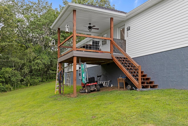 111 Oak Meadow Dr, Dunlap, TN 37327 - rear view of property with ceiling fan, stairs, a lawn, and a wooden deck