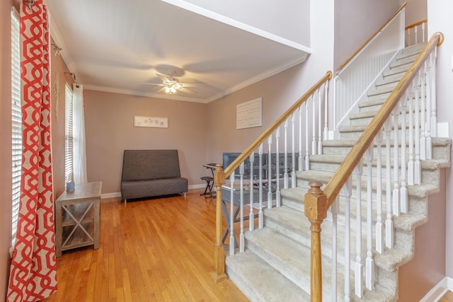 199 Falcons View Dr, Ringgold, GA 30736 - stairs featuring crown molding, hardwood / wood-style flooring, and ceiling fan