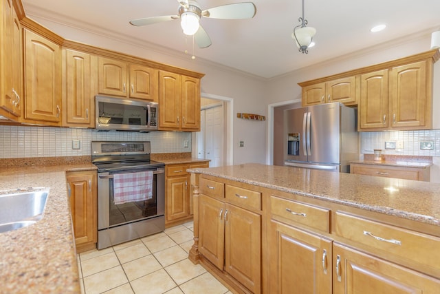199 Falcons View Dr, Ringgold, GA 30736 - kitchen featuring appliances with stainless steel finishes, light stone counters, tasteful backsplash, a ceiling fan, and crown molding