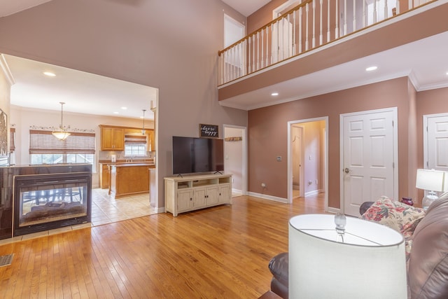 199 Falcons View Dr, Ringgold, GA 30736 - living area featuring light wood finished floors, crown molding, a towering ceiling, and recessed lighting