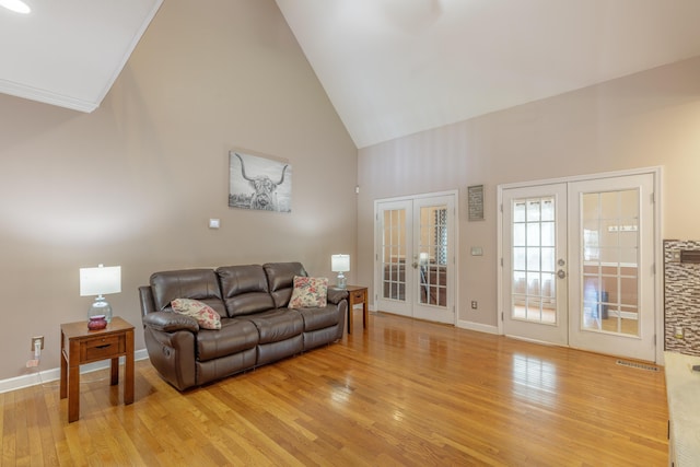 199 Falcons View Dr, Ringgold, GA 30736 - living room featuring french doors, high vaulted ceiling, and light wood-style flooring