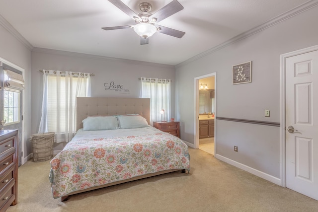 199 Falcons View Dr, Ringgold, GA 30736 - bedroom featuring light colored carpet, crown molding, ensuite bathroom, and a ceiling fan