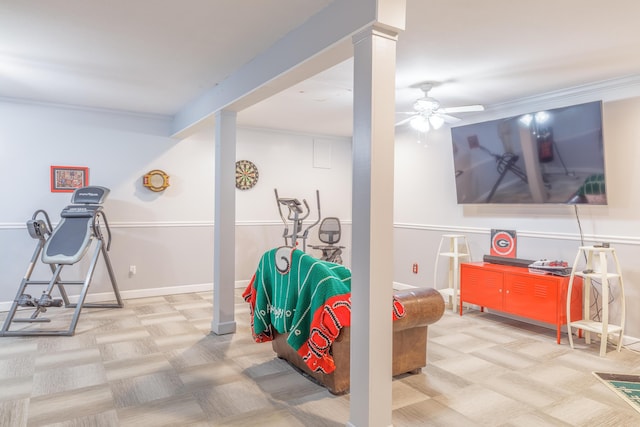 199 Falcons View Dr, Ringgold, GA 30736 - exercise area featuring a ceiling fan, ornamental molding, carpet floors, and ornate columns