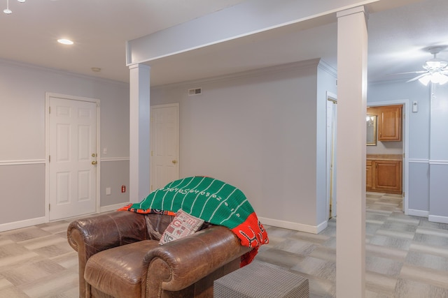 199 Falcons View Dr, Ringgold, GA 30736 - living area featuring decorative columns, a ceiling fan, ornamental molding, and recessed lighting