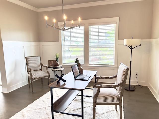 3309 Grassy Fields Ln, Apison, TN 37302 - office space featuring a wainscoted wall, a chandelier, dark wood-style floors, ornamental molding, and a decorative wall