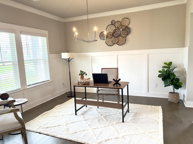 3309 Grassy Fields Ln, Apison, TN 37302 - office with a decorative wall, crown molding, dark wood-style floors, a chandelier, and a wainscoted wall