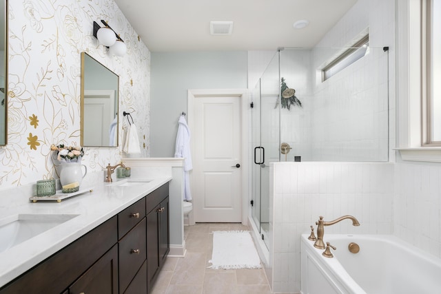 1399 Little Sorrel Rd Unit 30, Hixson, TN 37343 - full bath featuring double vanity, a stall shower, a garden tub, wallpapered walls, and tile patterned flooring