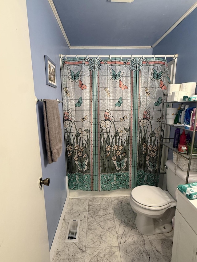 1661 W Francis Spring Rd, Whitwell, TN 37397 - bathroom with crown molding, marble finish flooring, a shower with curtain, and vanity