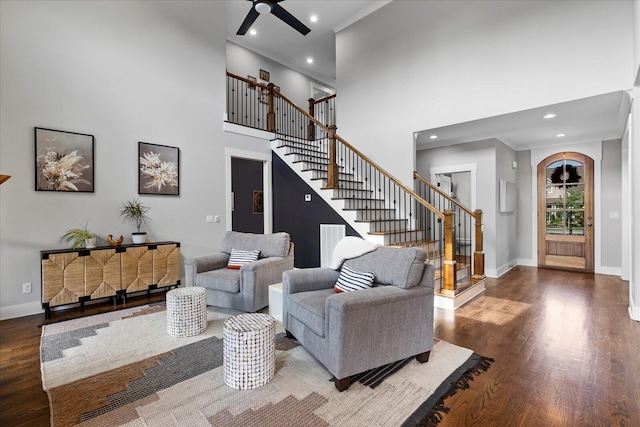 12951 Blakeslee Dr, Soddy Daisy, TN 37379 - living area with a high ceiling, stairway, ceiling fan, wood finished floors, and recessed lighting