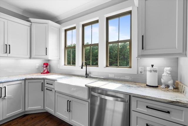 12951 Blakeslee Dr, Soddy Daisy, TN 37379 - kitchen with dishwasher, decorative backsplash, light stone countertops, and white cabinetry