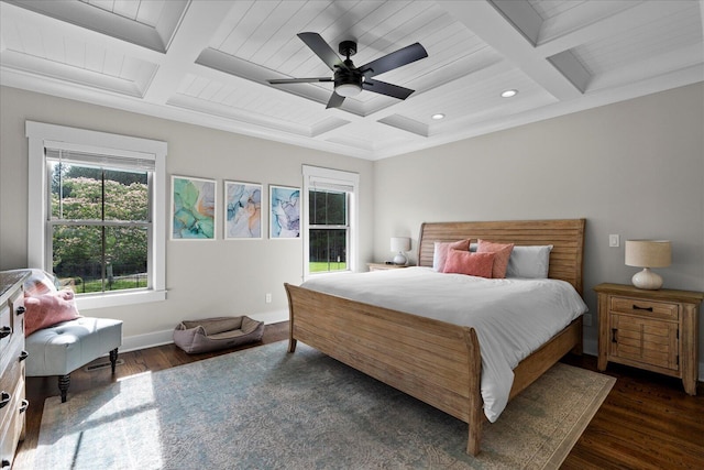 12951 Blakeslee Dr, Soddy Daisy, TN 37379 - bedroom featuring coffered ceiling, wood finished floors, recessed lighting, ceiling fan, and a wooden ceiling with exposed beams