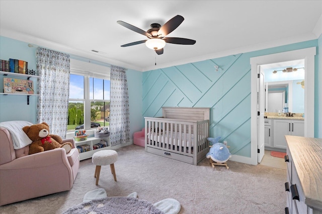 12951 Blakeslee Dr, Soddy Daisy, TN 37379 - bedroom featuring light colored carpet, ceiling fan, and a nursery area