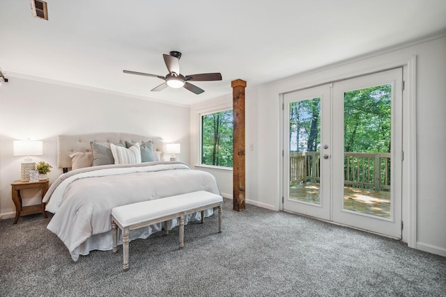 507 Big Stump Mountain Trl, Jasper, GA 30143 - bedroom featuring access to exterior, ornamental molding, carpet, ceiling fan, and french doors