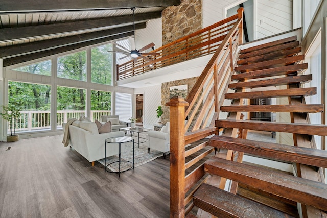 507 Big Stump Mountain Trl, Jasper, GA 30143 - living room with high vaulted ceiling, stairs, wood finished floors, beam ceiling, and ceiling fan
