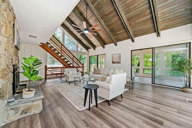 507 Big Stump Mountain Trl, Jasper, GA 30143 - living room featuring wood finished floors, a wood ceiling with exposed beams, ceiling fan, high vaulted ceiling, and wooden walls