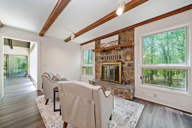 507 Big Stump Mountain Trl, Jasper, GA 30143 - living room featuring dark wood-style flooring, beamed ceiling, and a fireplace