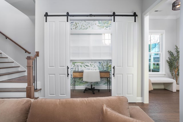 147 Honeycomb Ln, Chattanooga, TN 37421 - office featuring a barn door, wood finished floors, and ornamental molding