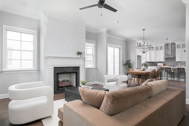 147 Honeycomb Ln, Chattanooga, TN 37421 - living room with dark wood-type flooring, a chandelier, healthy amount of natural light, and crown molding