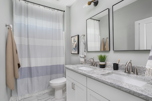 147 Honeycomb Ln, Chattanooga, TN 37421 - full bathroom featuring marble finish floors, double vanity, and a shower with shower curtain