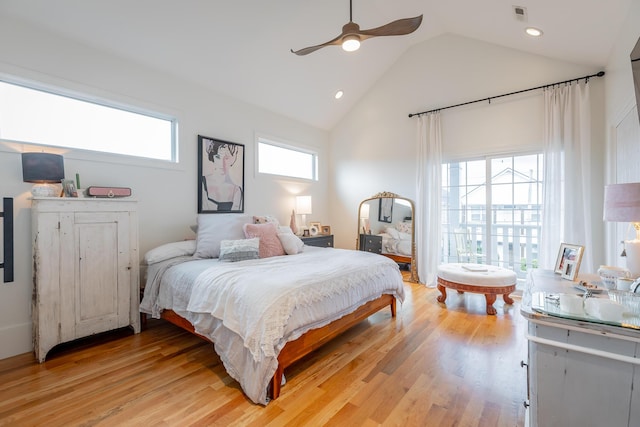 661 E 16th St, Chattanooga, TN 37408 - bedroom featuring high vaulted ceiling, light wood finished floors, a ceiling fan, and recessed lighting